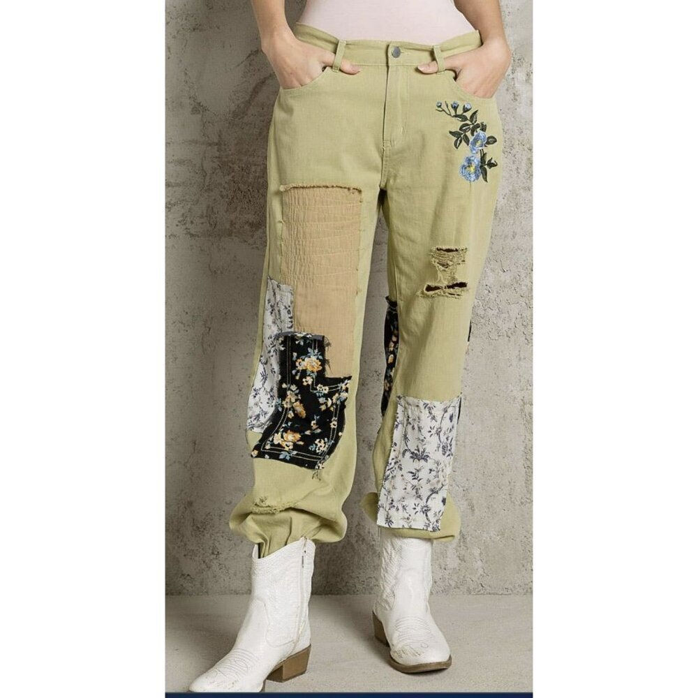 POL Pistachio Patchwork Jogger Distressed Pant Sz Medium NWT